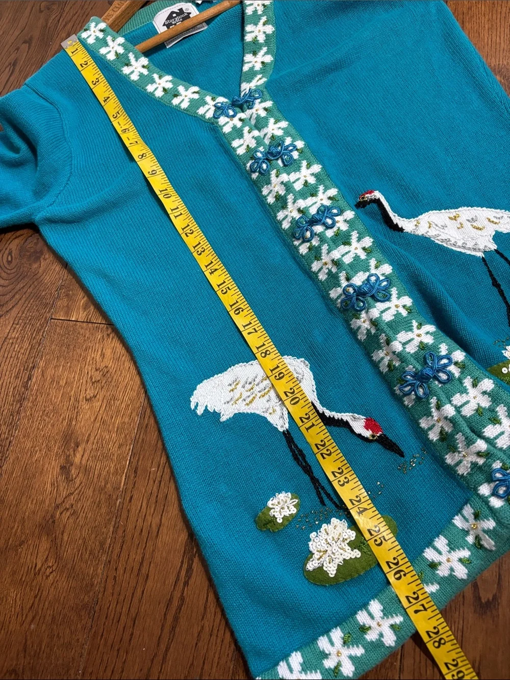 STORYBOOK Knit Teal Embroidered Crane V-Neck Cardigan with Floral Trim Size M